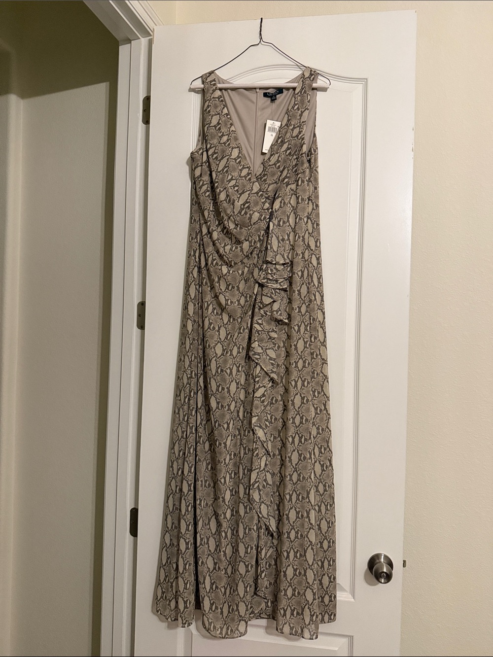 Lauren Ralph Lauren Taupe Snake-Print Ruffle Maxi Dress size 14 NEW